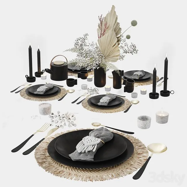 Table Set With Macrame and Dry Flowers 3D Model