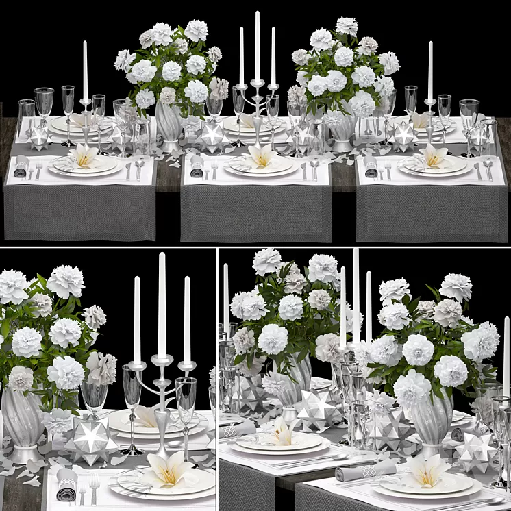Table setting 4. ZARA HOME. White bouquet peonies tablecloth glass vase 6 persons luxury decor table decoration cutlery candles stylish festive solemn 3D Model