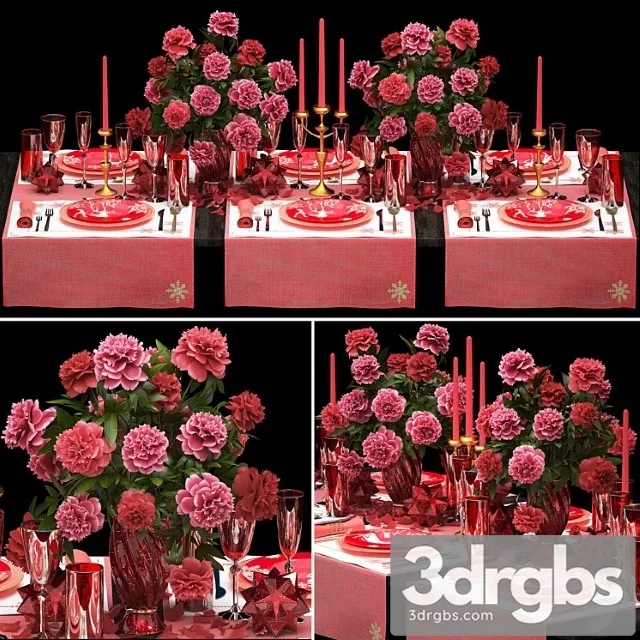 Table setting 5. zara home. appliances tablecloth decor bouquet of flowers peonies glass vase luxury decor table decoration cutlery candles stylish festive solemn 3D Model Free
