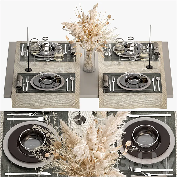 Table setting for 4 persons with a bouquet of flowers dried flower pampas grass ZARA HOME. 14. 3D Model Free Download