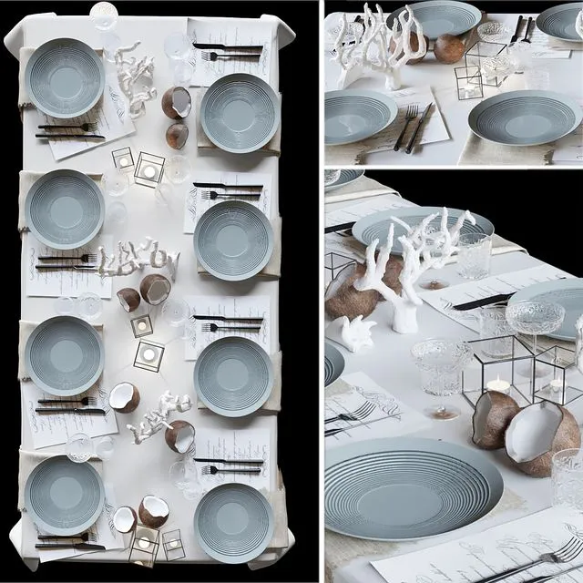 Table setting with collectible crockery candles and marine-style corals 3D Model