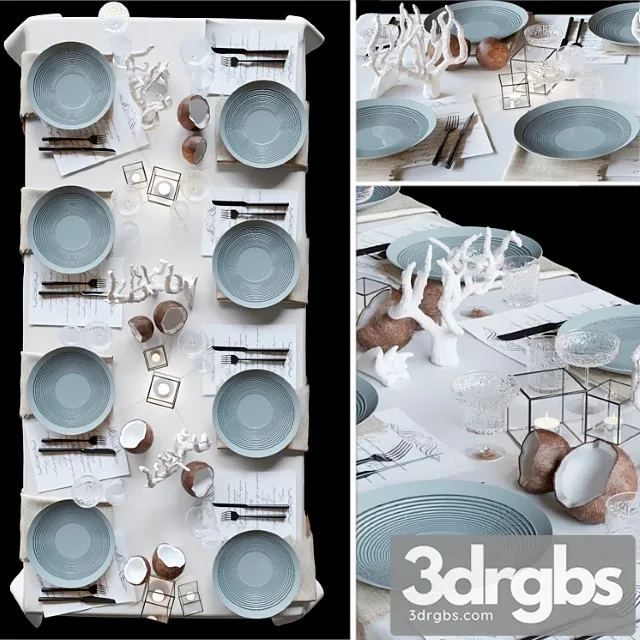 Table Setting With Collectible Tableware Candles And Corals In A Marine Style 3D Model Download