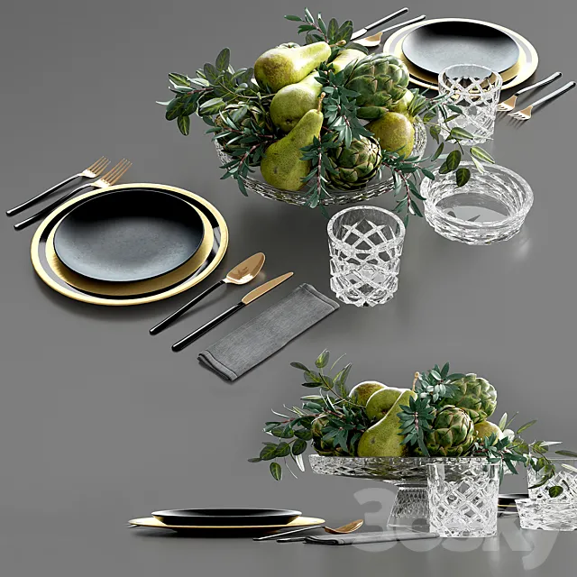 Table setting with Fruits in crystal vase 3DModel