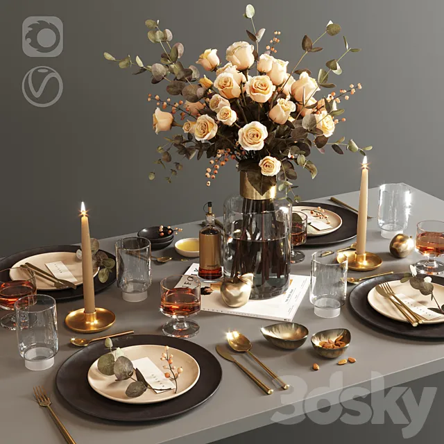 Table setting with roses 3D Model