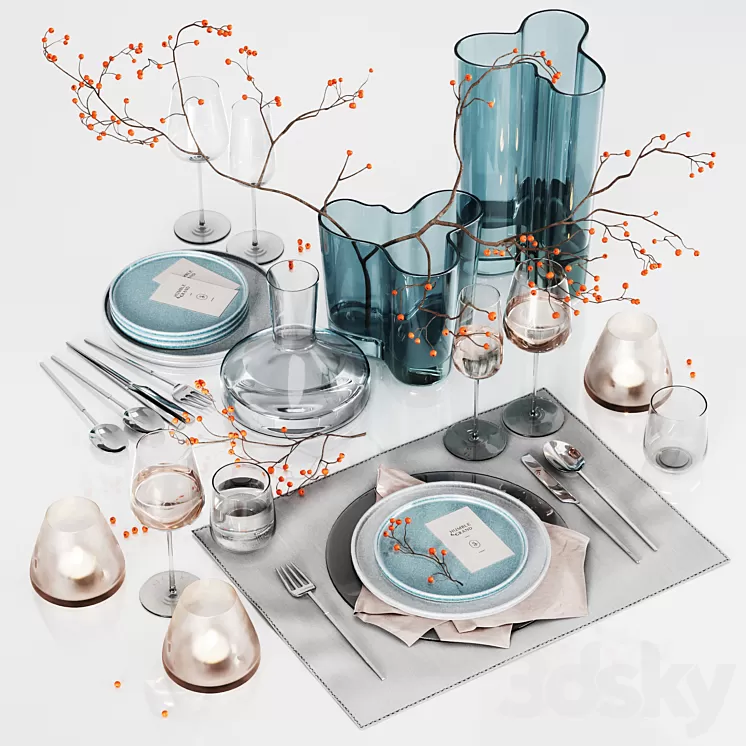 Table setting with rowan 3D Model Free