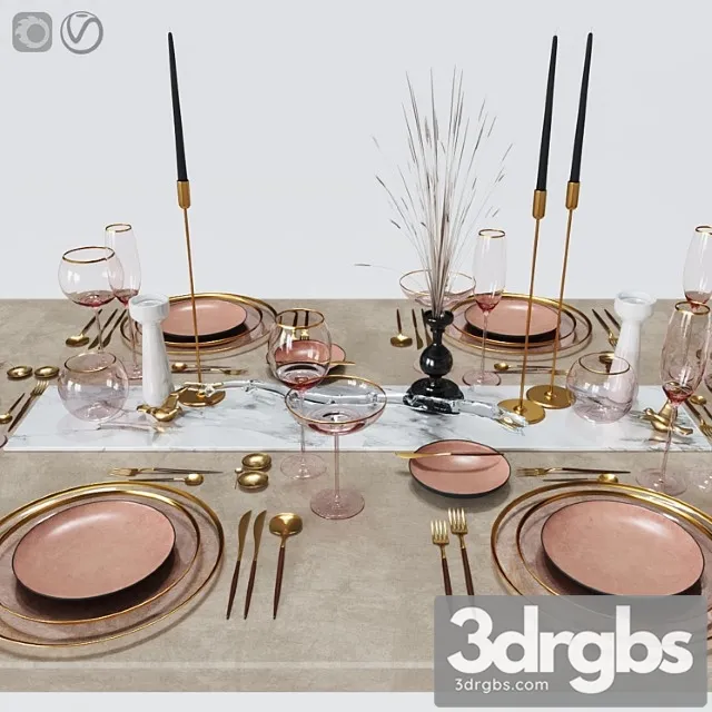 Table settings with pink glass 3D Model Free