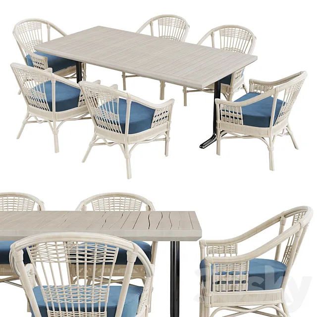 Table with rattan chair White version 3D Model