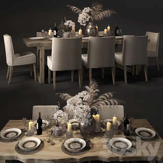Table with slabs with Pottery Barn chairs and Crate and Barrel 3D Model