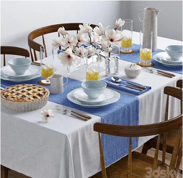 Tableware with magnolia 3D Model