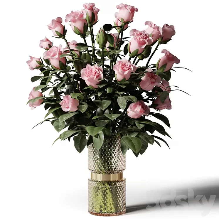 Tall bouquet of pink roses in a modern glass vase 3D Model