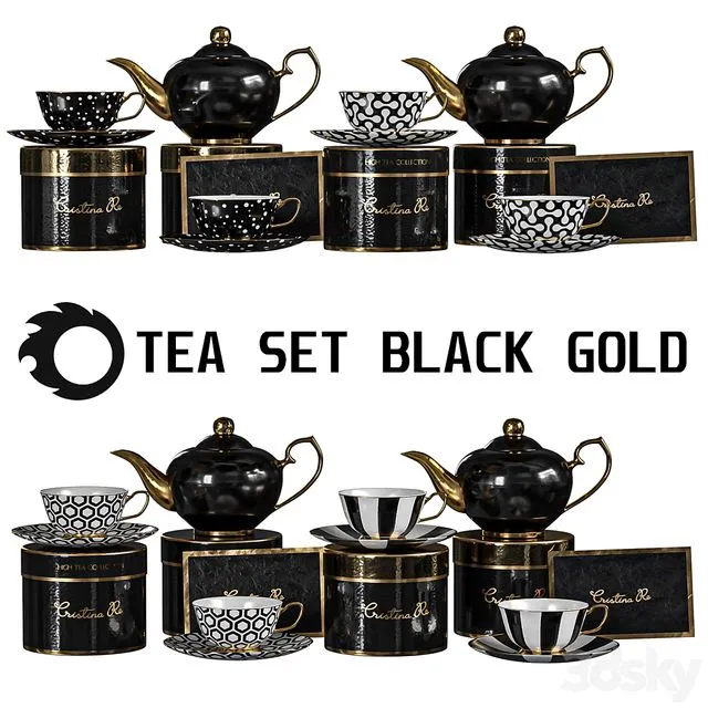 tea set black gold 3D Model
