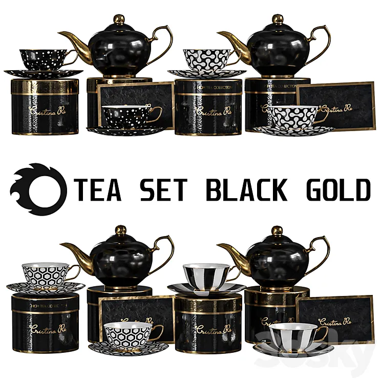 tea set black gold 3D Model Free