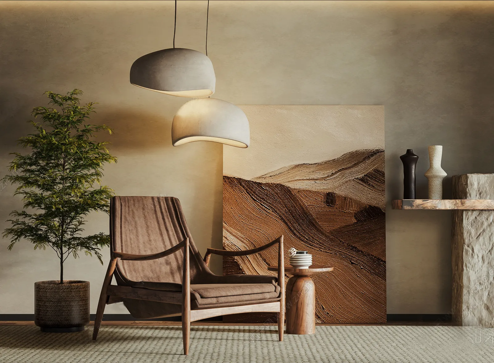 Tearoom and Study 3D Interior Scene Model - Wabi Sabi Style - 007