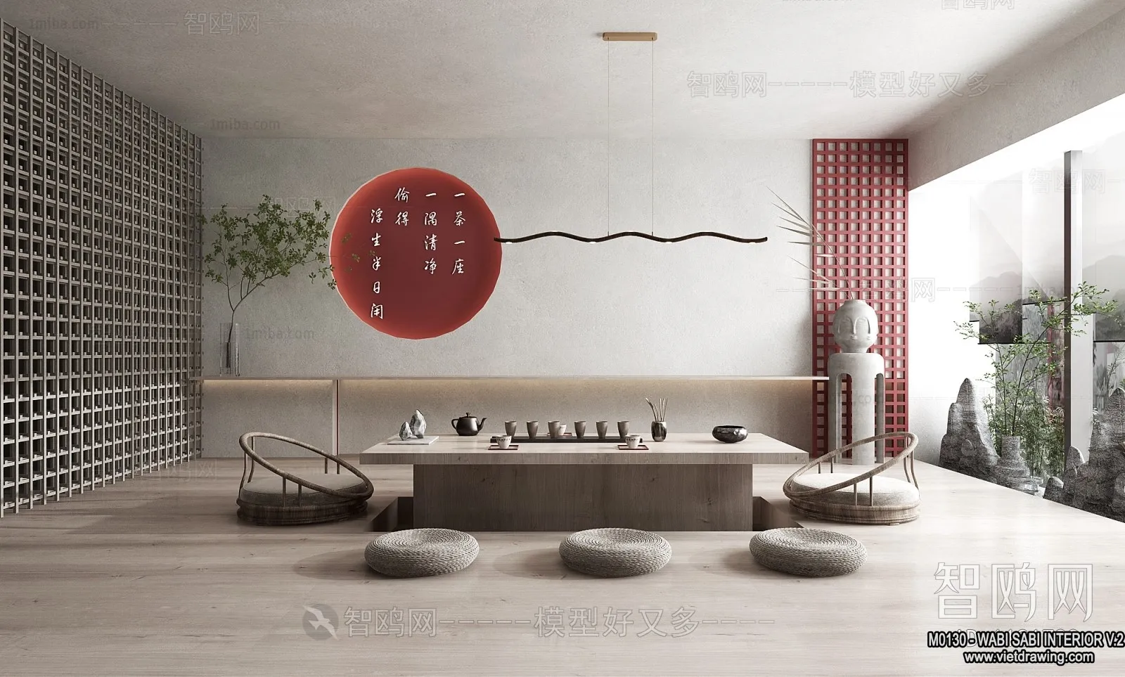 Tearoom and Study 3D Interior Scene Model - Wabi Sabi Style - 029
