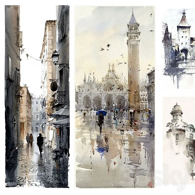 Texture watercolor paintings in gray-beige tones. 3D Model