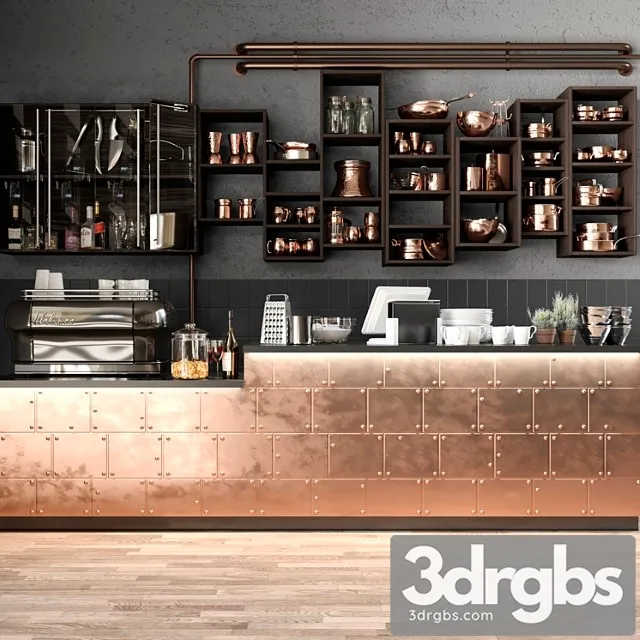 The Bar Counter In The Restaurant With A Copper Decor and A Coffee Machine Tableware 3D Model Free