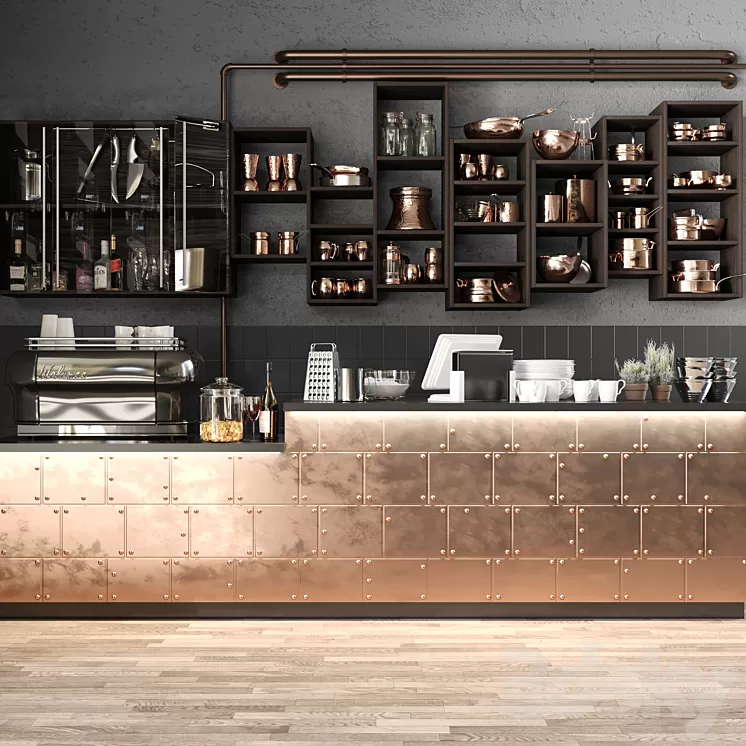 The bar counter in the restaurant with a copper decor and a coffee machine. Tableware 3D Model