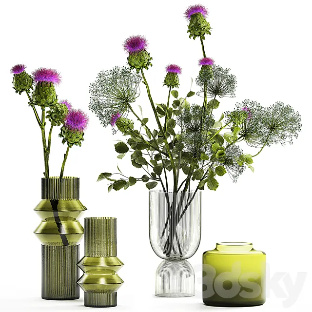 The collection is a decorative set of bouquets in modern glass green vases with thorn branches thistle hogweed leaves. Set 290. 3D Model