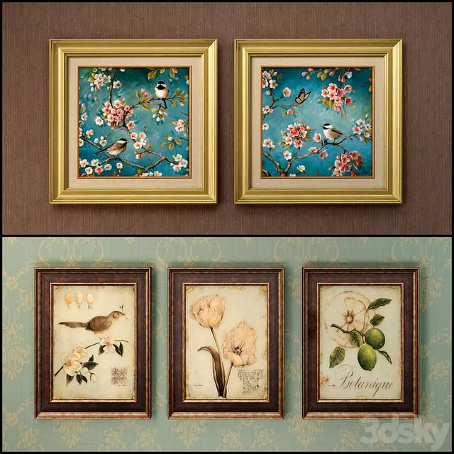 The picture in the frame 13 pieces (collection 62) Birds 3D Model