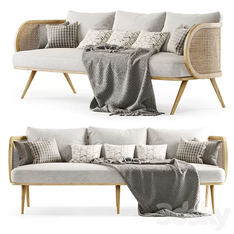 Three-seater wooden rattan sofa CV23 / Three-seater rattan sofa 3D Model