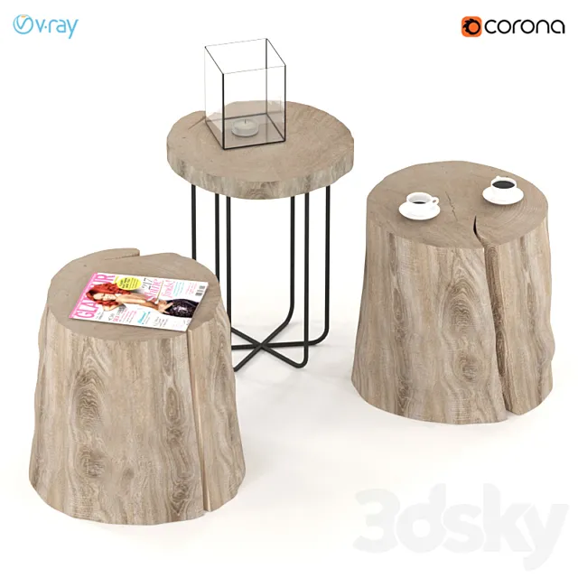 Three tables of stumps and slabs on metal legs. 3D Model