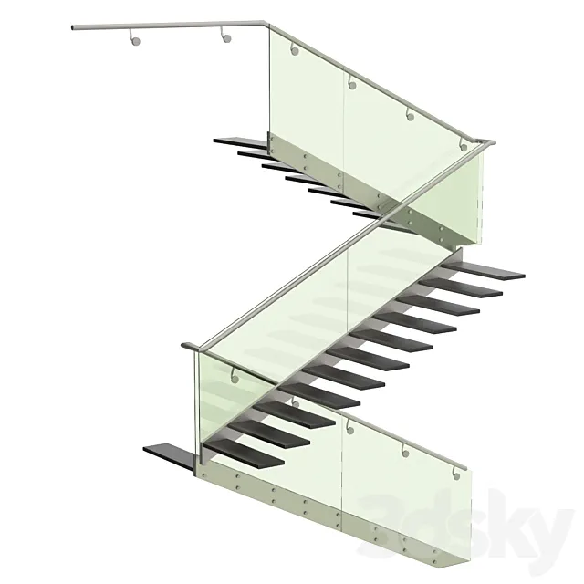 Three turning staircase. Metal glass. 3D Model