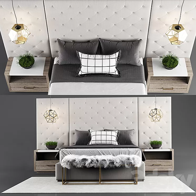 Thyne Upholstered Queen Bed With Wall Panels 3D Model