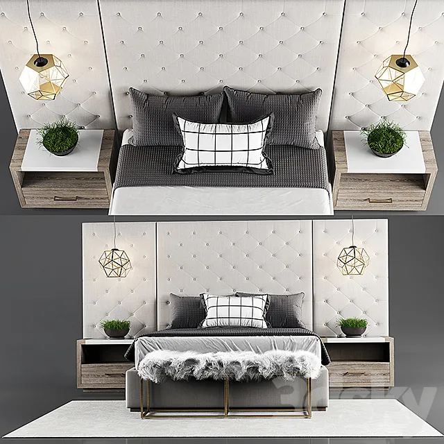 Thyne Upholstered Queen Bed With Wall Panels 3DModel