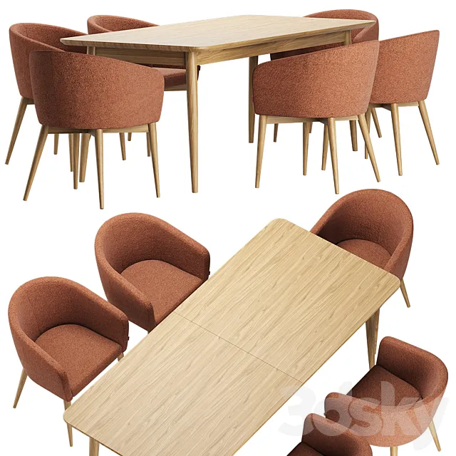 Torino Chair Tate Walnut Extendable Midcentury Dining Table 3D Model