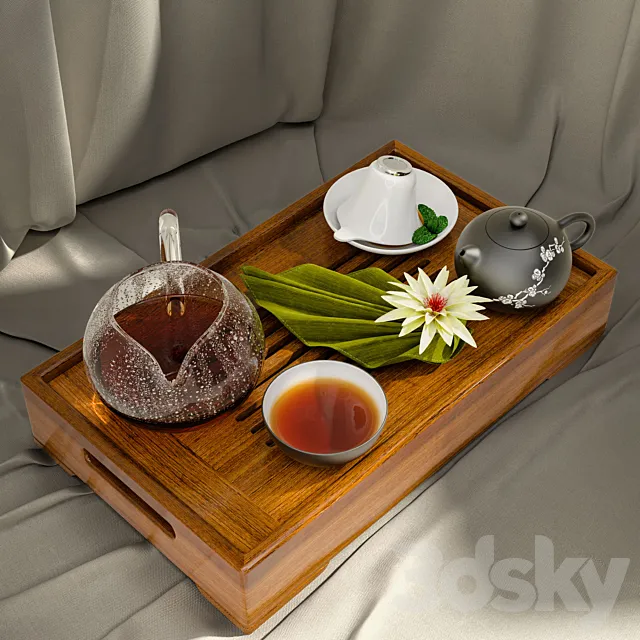 Tray with tea napkins mint leaves and lily 3D Model