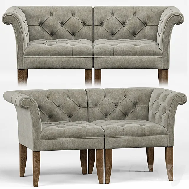 Trenton French Country Tufted Beige Linen Corner Chair 3D Model