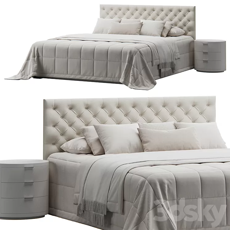 Tufted Beige Headboard Bed 3D Model Free