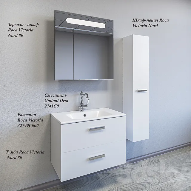 Tumba. a pencil case and a sink Roca Victoria + Mixer Gattoni Orta 2741C0 + Mirror-wardrobe Roca Victoria Nord 3DModel
