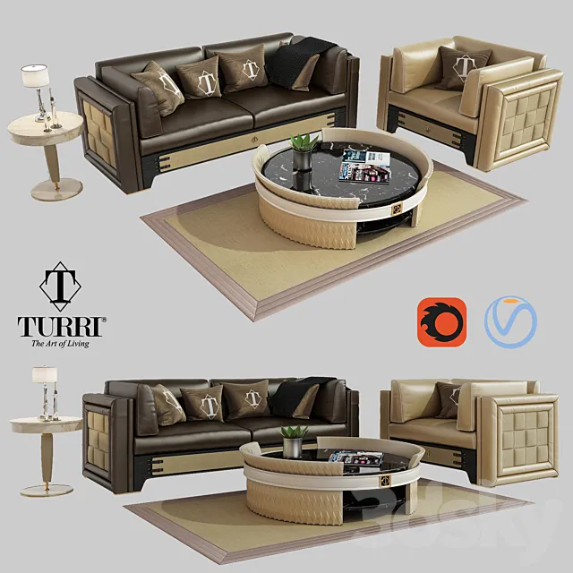 Turri NumeroTre sofa armchair and coffee table 3D Model