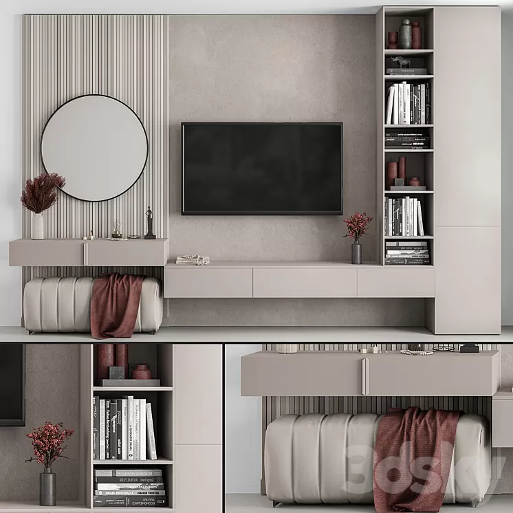 TV Wall Beige and Red - Set 70 3D Model Free