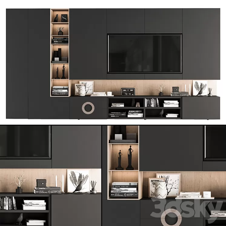 TV Wall Black and Wood - Set 12 3D Model