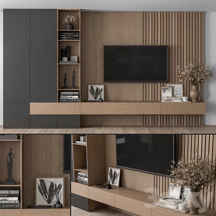 TV Wall Black and Wood - Set 35 3D Model Free