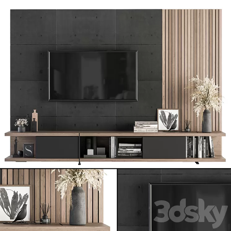 TV Wall Black Concrete and Wood - Set 10 3D Model