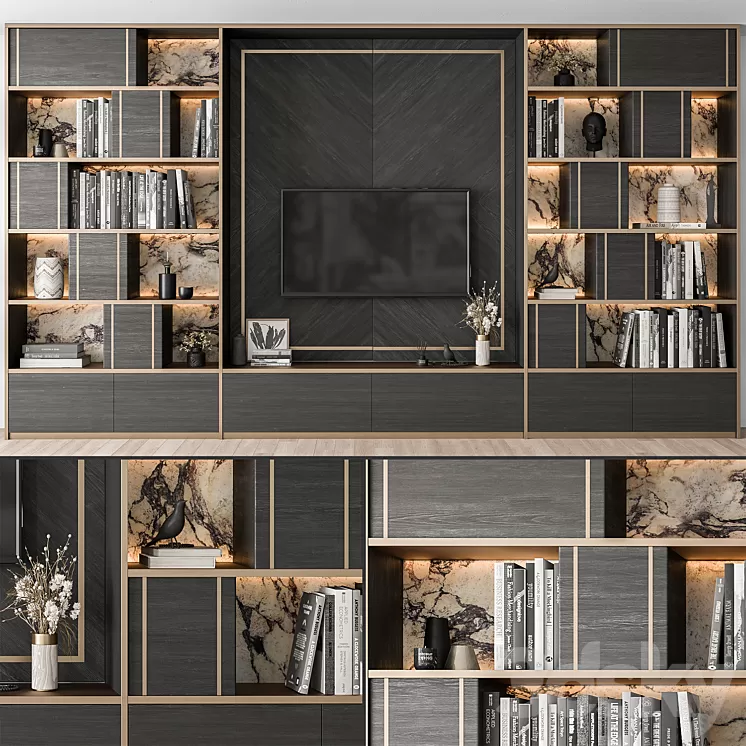 TV Wall Black Wood with Stone Slab - Set 32 3D Model Free