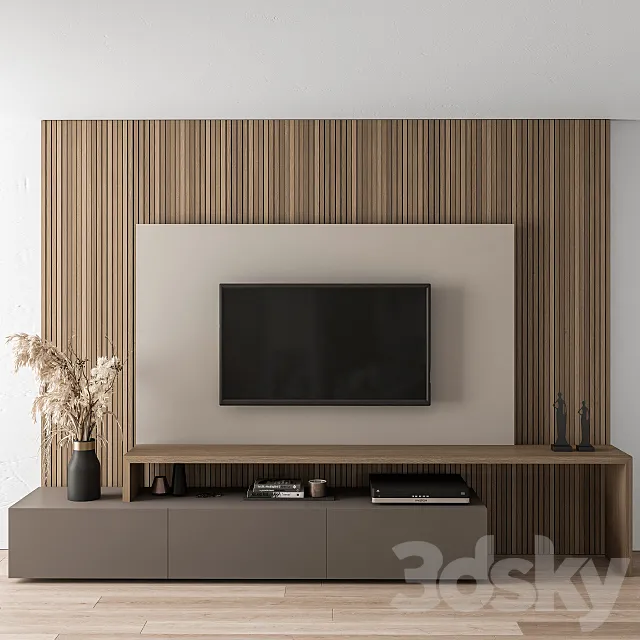 TV Wall Blackk and Wood - Set 19 3D Model