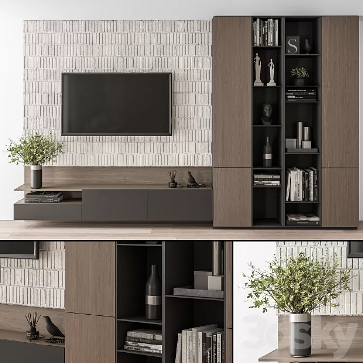 TV Wall Concrete and Wood - Set 22 3D Model Free