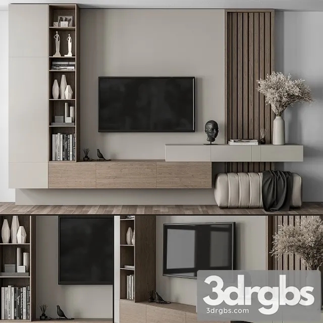 TV Wall Gray and Wood With Hallway Cabinet Set 37 3D Model Free