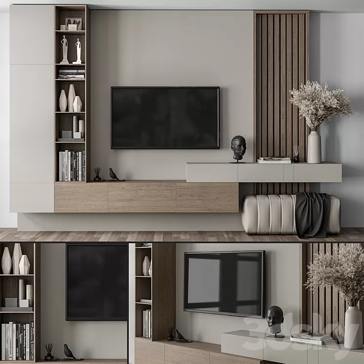 TV Wall Gray and Wood with Hallway Cabinet - Set 37 3D Model Free