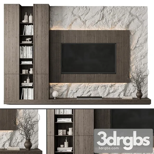 TV Wall Rock Wall and Wood Set 78 3D Model Free