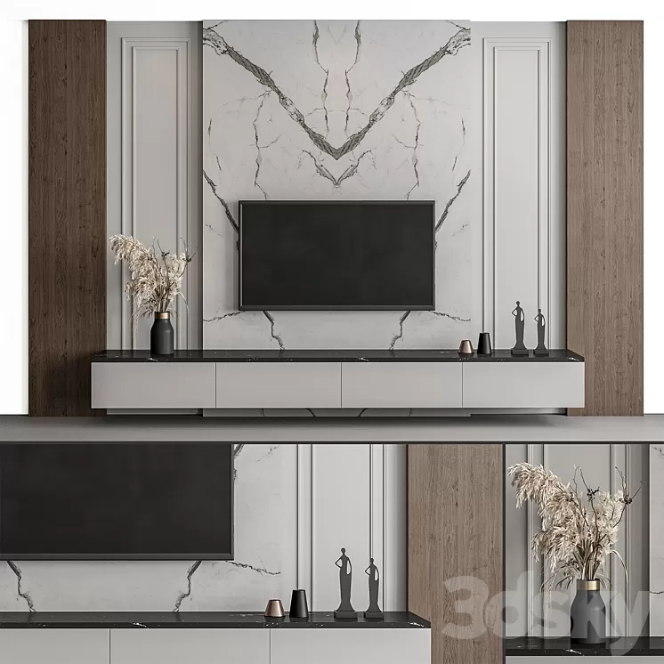 TV Wall Stone and Wood - Set 57 3D Model Free