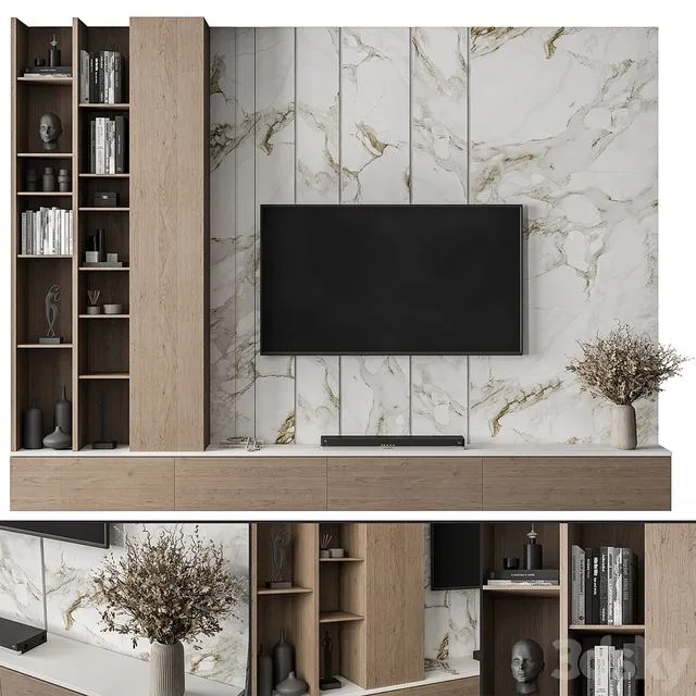 TV Wall Stone and Wood Set 86 3D Model
