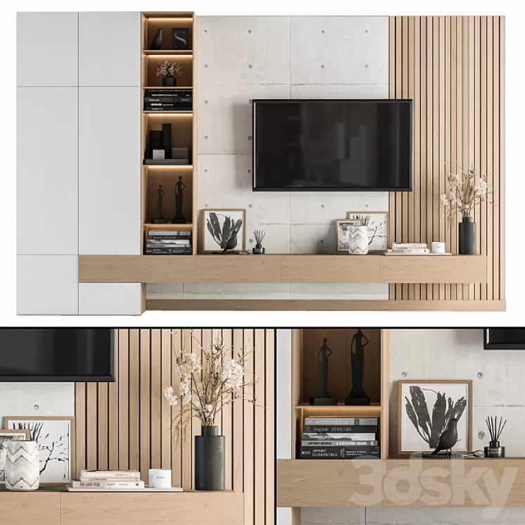 TV Wall White and Wood - Set 08 3D Model