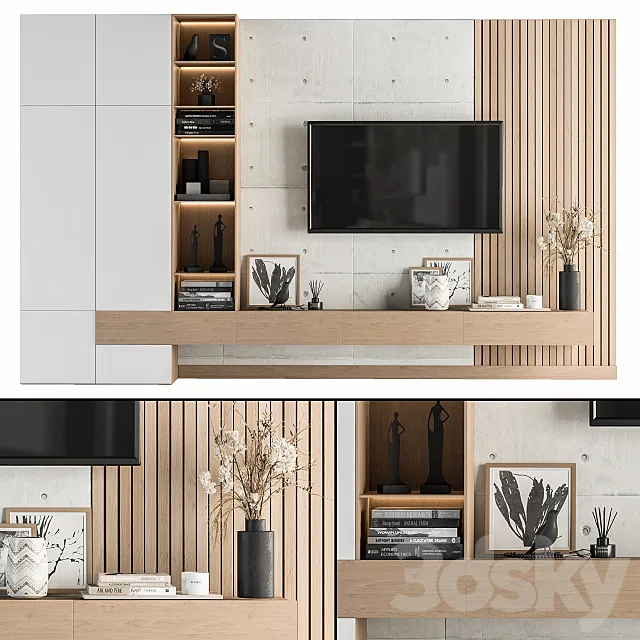 TV Wall White and Wood - Set 08 3DModel