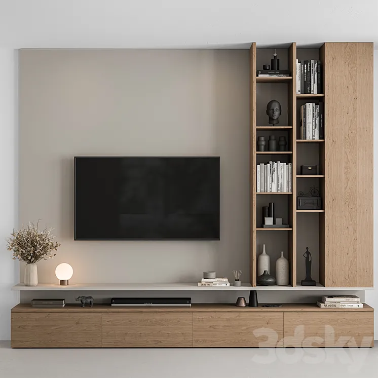TV Wall White and Wood - Set 69 3D Model Free