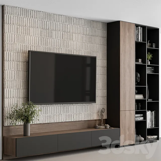 TV Wall Wood and Concrete - Set 105 3D Model